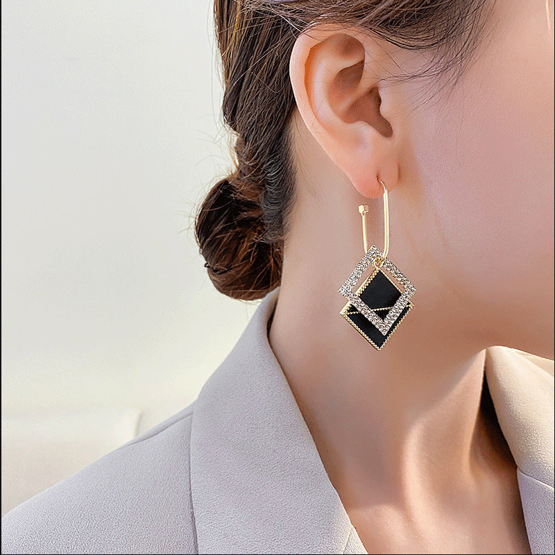 Sier Geometric Square Atmospheric Double Rectangle High-key Dignified Earrings