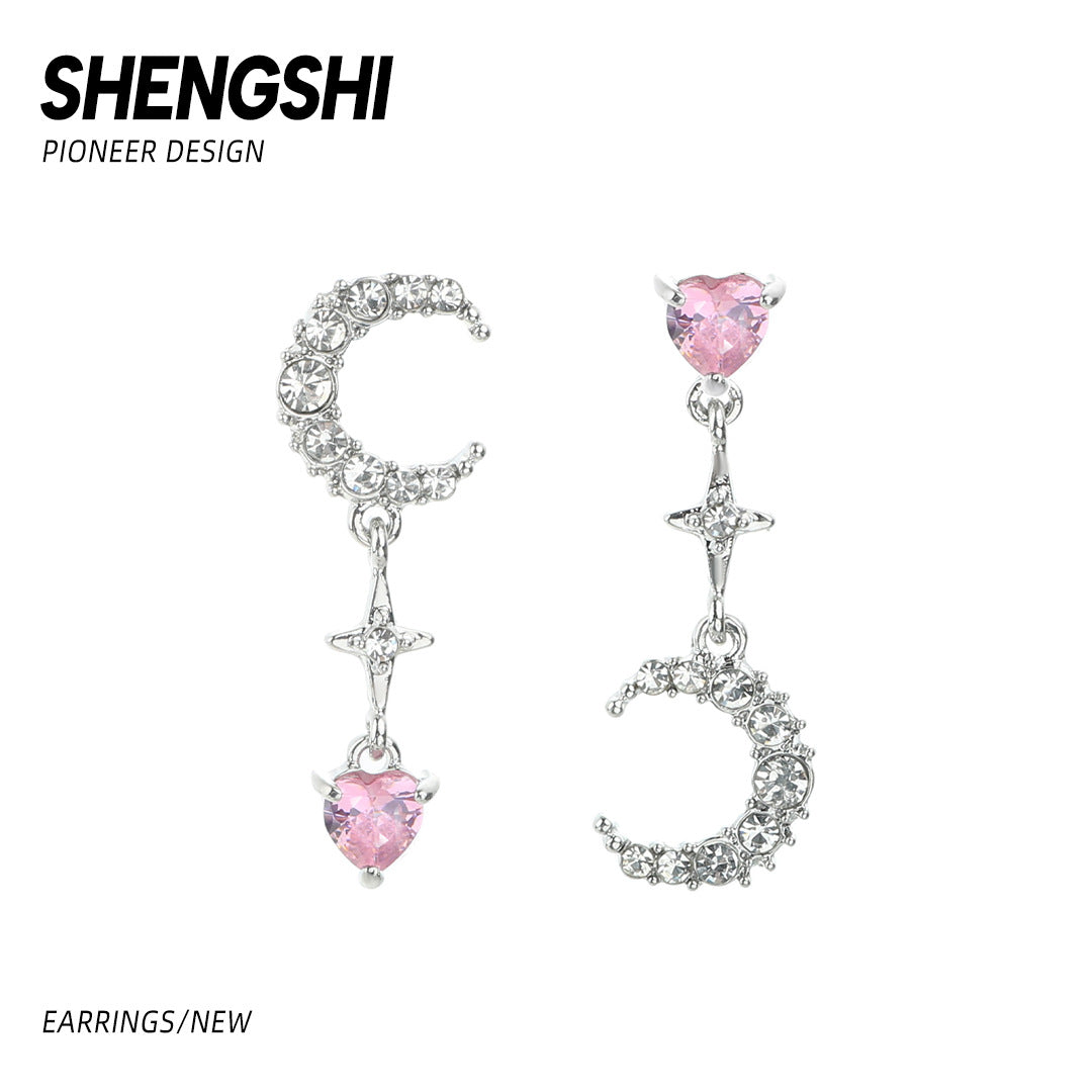 Women's Niche Asymmetric Pink Diamond Love Star Earrings