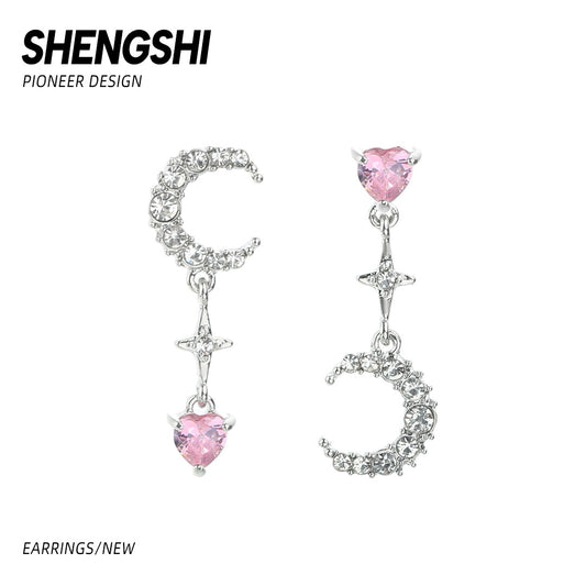 Women's Niche Asymmetric Pink Diamond Love Star Earrings