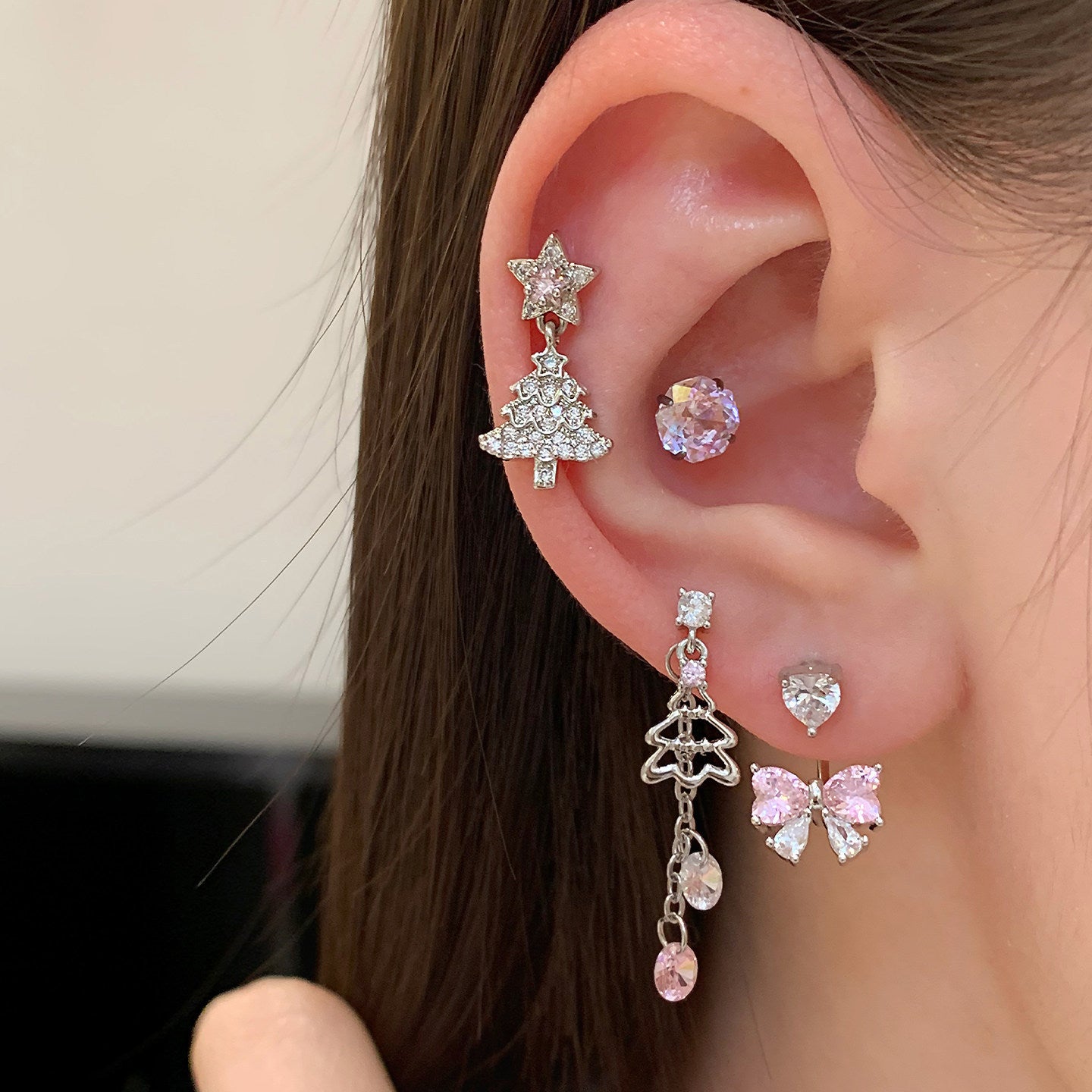Pink Christmas Devil Ear Bone Snowflake Titanium Stud Earrings