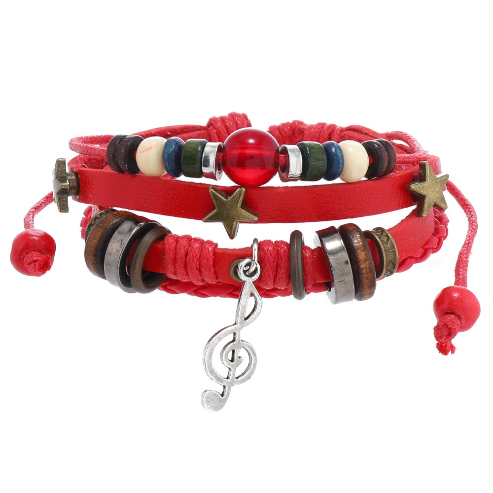 Beaded Leather Weave Vintage Alloy Note Bracelets