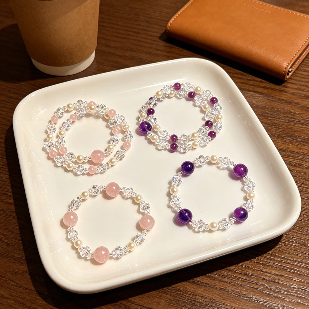 Women's Simple Double Pink Crystal Amethyst Super Flash Light Luxury Rings