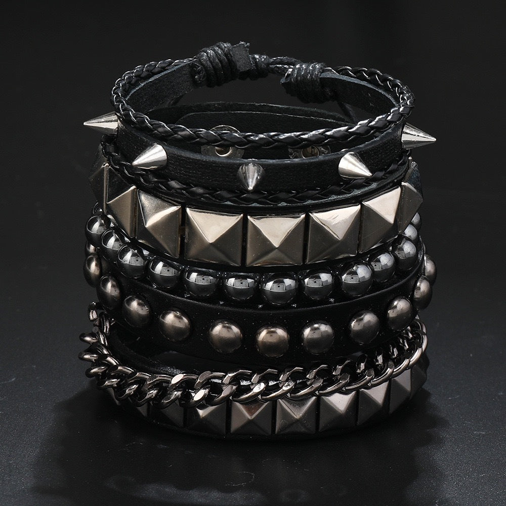 Punk Exaggerated Tapered Pointed Rivet Three Rows Leather Bracelets