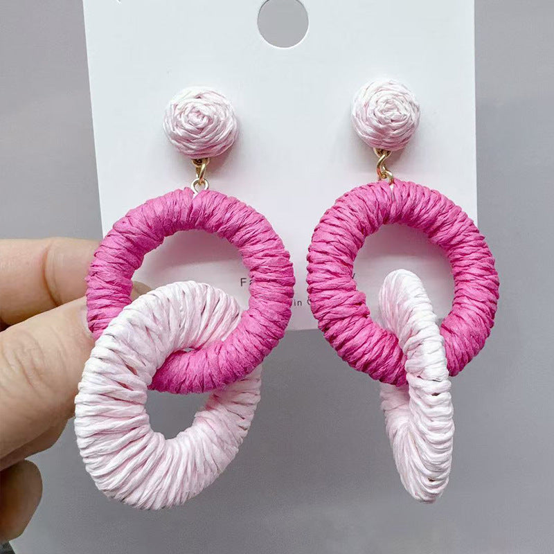 Straw Round Double Design Ethnic Style Graceful Fashionable Island Vacation Earrings