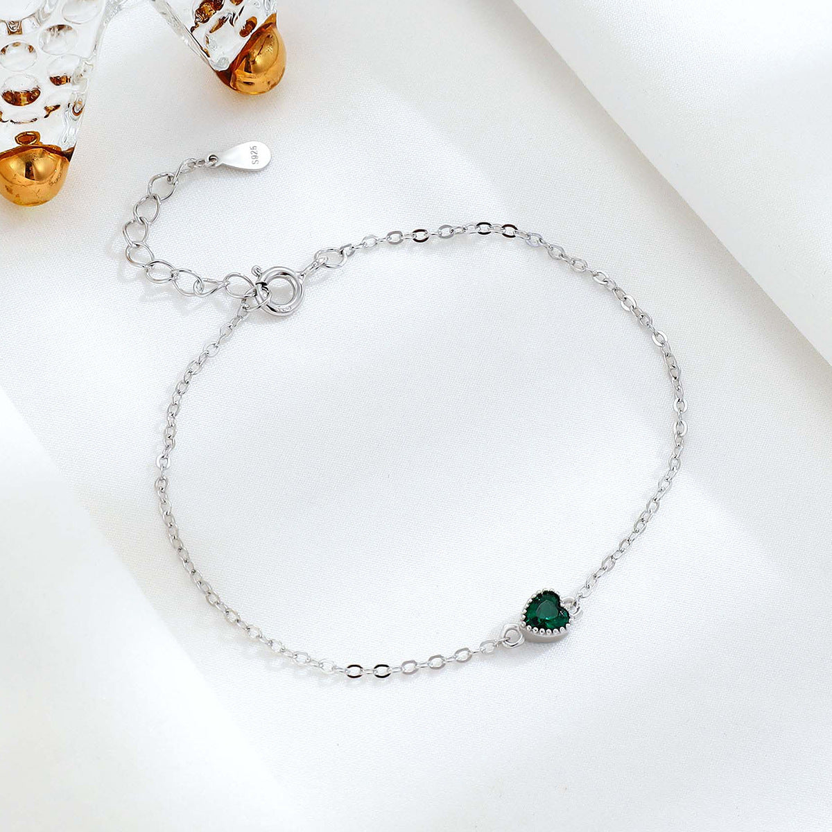 Women's Sier French Minority Emerald Heart Light Luxury Single Diamond Bracelets