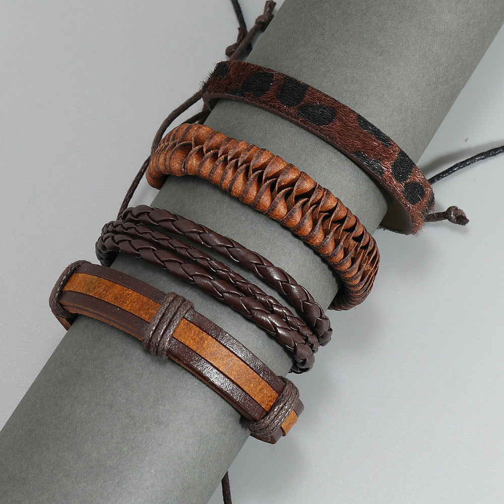 Women's & Men's & Ornament Simple Handmade Weave Vintage Cattle Leather Set Bracelets