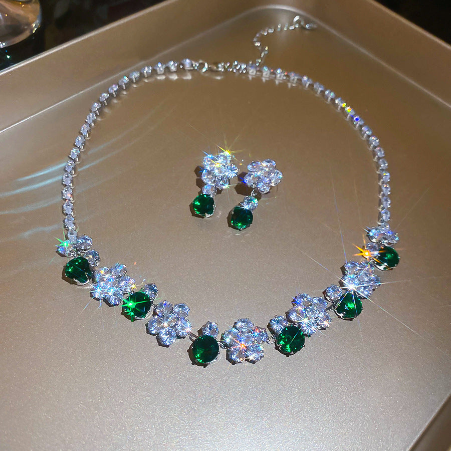 Flower Female Emerald Vintage Clavicle Chain Earrings