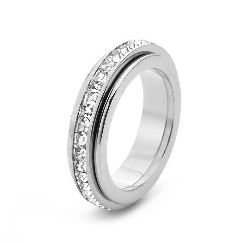 Single Row Square Diamond Rotatable Double Circle Good Luck Comes Ring