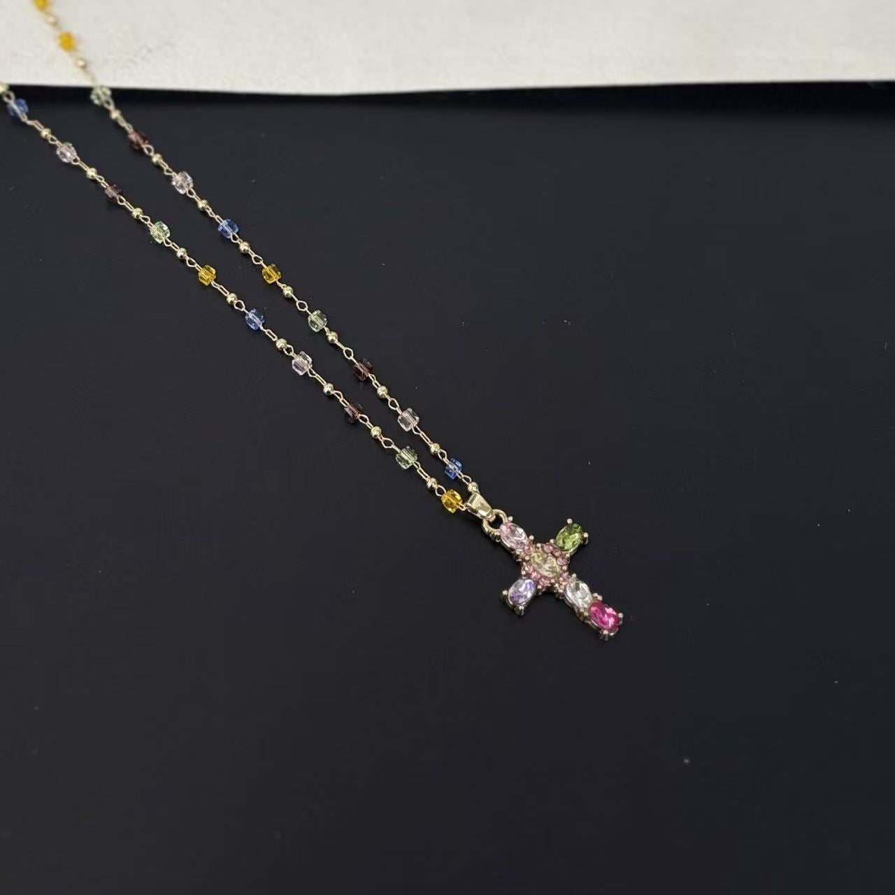 Dopamine Color Beaded Zircon Cross Trendy Retro Sweet Cool Style Necklaces