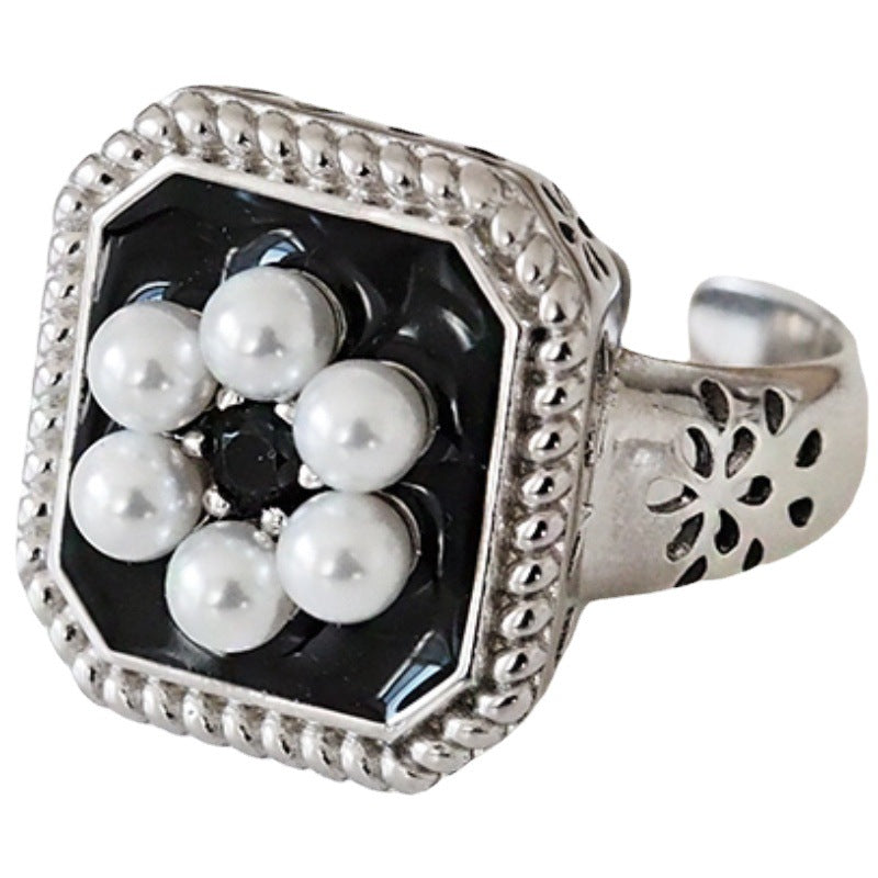 Pearl Flower Female Vintage Court Style Elegant Opening Index Ring