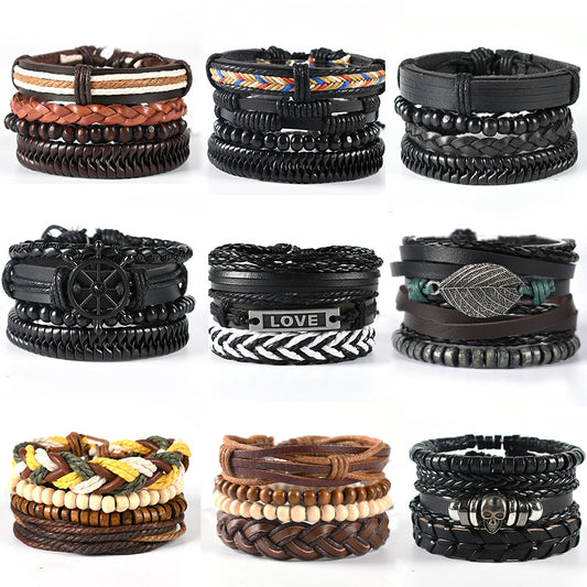 Handmade Woven Leather Punk Wristband Alloy Bracelets