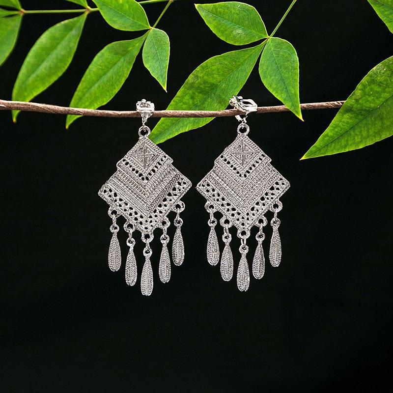 Women's Ethnic Geometric Tassel Ear Clip Miao Sier Retro Elegant Earrings