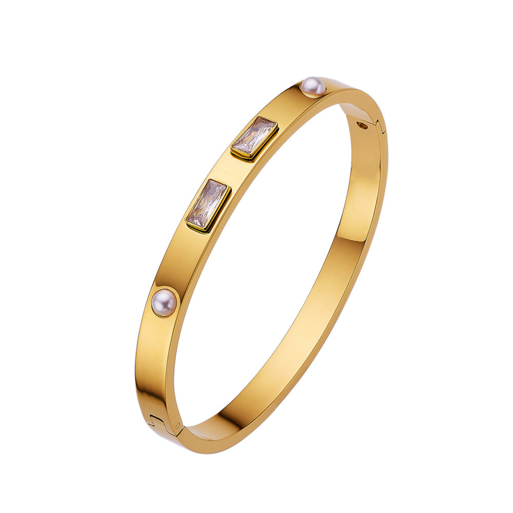 Women's Pearl Titanium Steel High-grade Zircon Buckle Bracelet