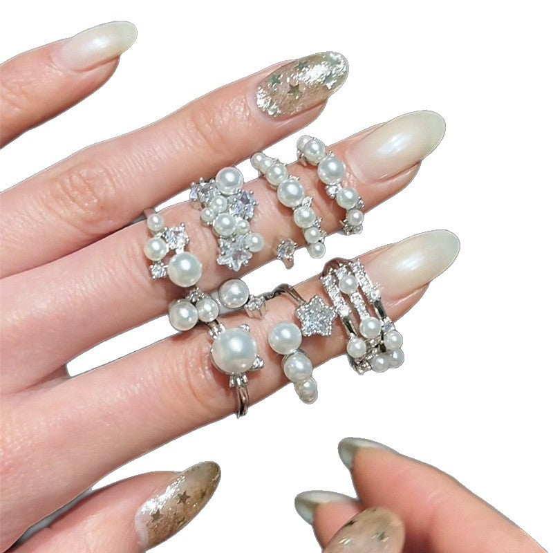 Pearl Shining Diamond Open Female Design High Sense Ring