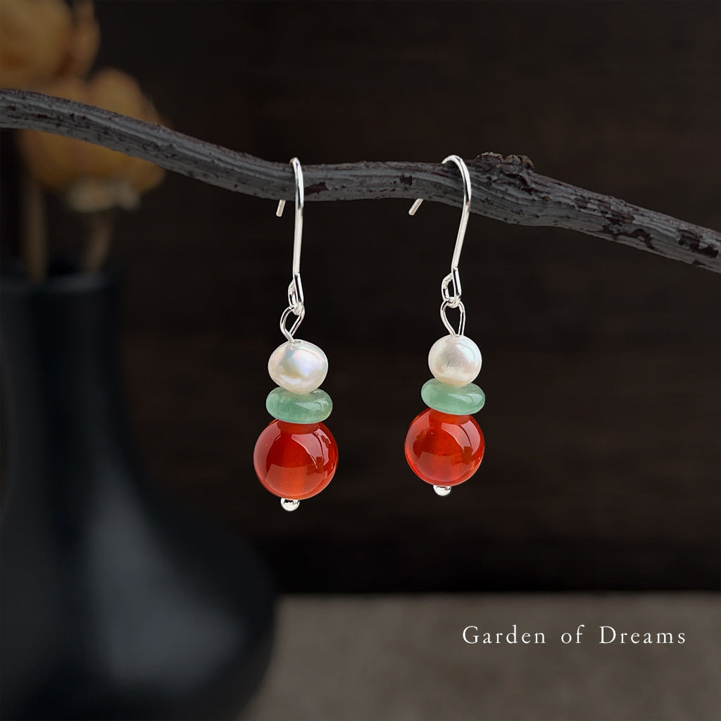 Women's Chinese Style Natural Red Agate Freshwater Stringed Pearls Artistic Vintage Earrings