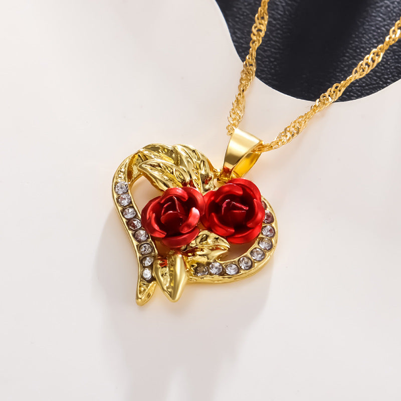 Unique Heart-shaped Red Rose Fashion Diamond Necklace