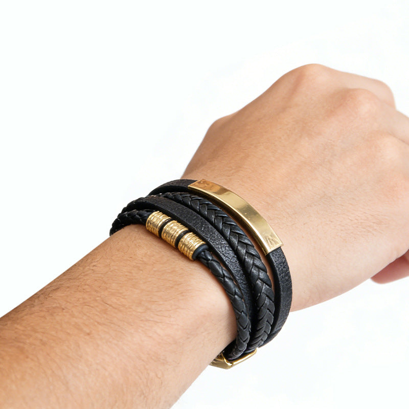 Men's Steel Feather Vintage Woven Leather String Bracelet