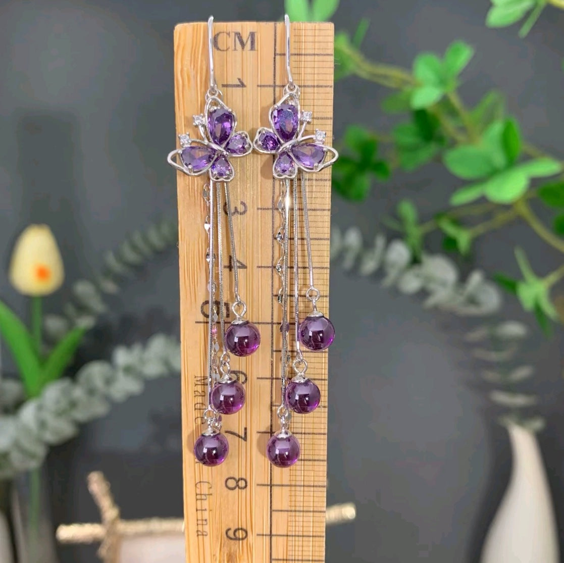 Women's Luxury Long Purple Zircon Butterfly Tassel Design Sense Earrings