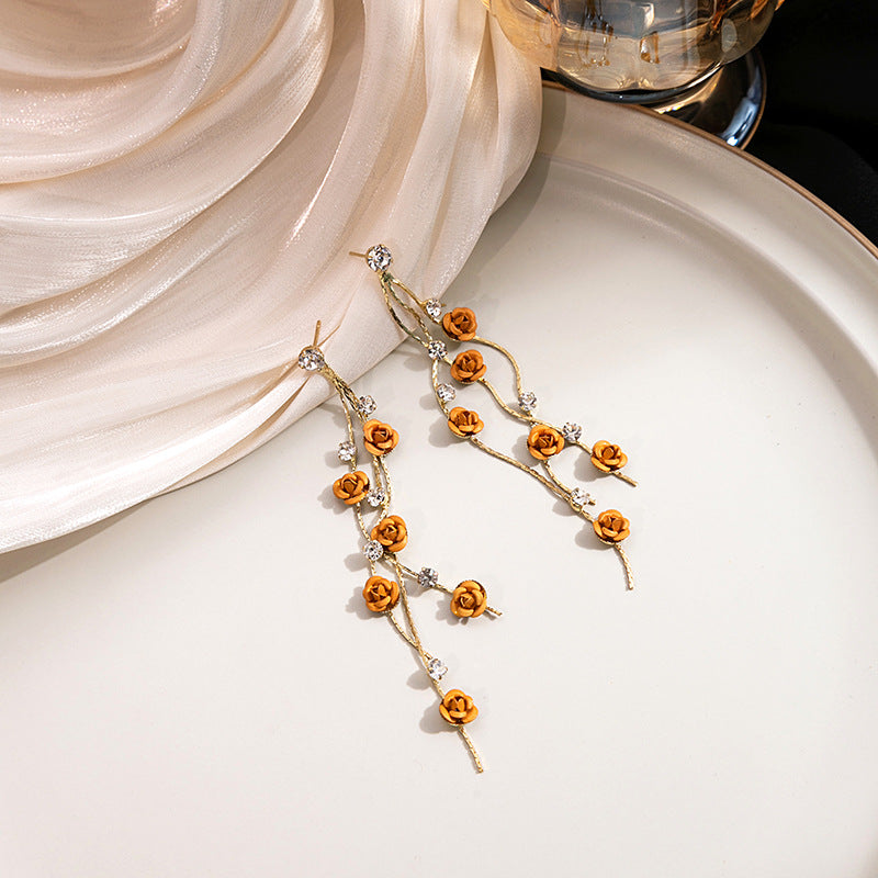 Elegant Sier Needle Rose Tassel Long Earrings