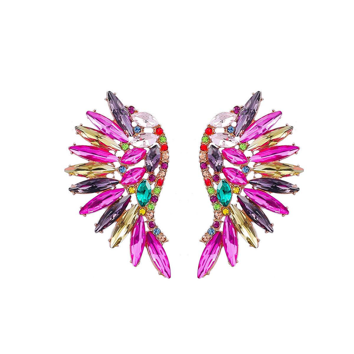 Colorful Crystals Exaggerated Fan-shaped Wings Fashion Earrings