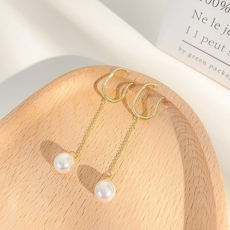 French Retro Painless Pearl Tassel Asymmetric Simple Ear Clip