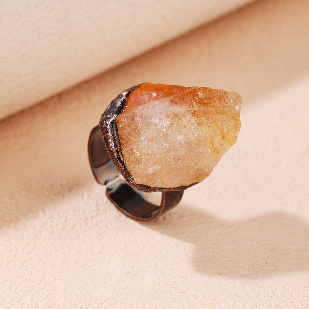 Style Natural Citrine Rough Stone Unshaped Open Bronze Plating Adjustable Ring