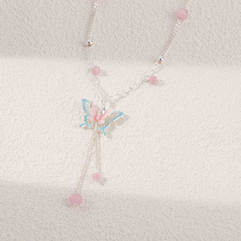 Pink Three-dimensional Butterfly Zircon Beaded Tassel Exquisite Rings