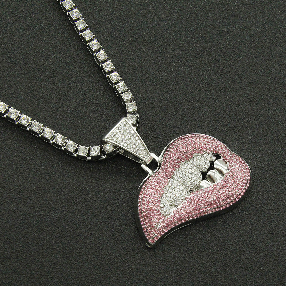 Men's Pink Lip Diamond Tooth Pendant Domineering Cool Necklaces