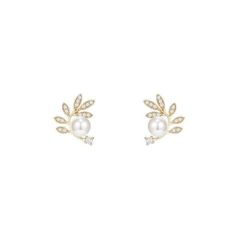 Exquisite Leaf Pearl Flash Zircon Wheat Eardrops Temperamental Rings
