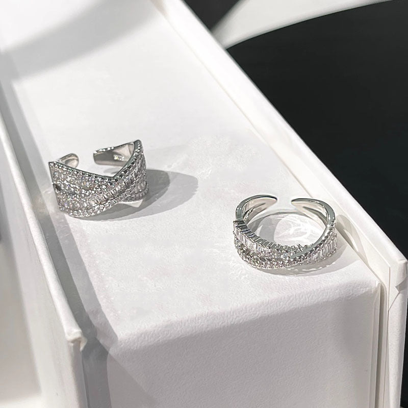 Light Luxury Full Diamond Open Female Cold Wind Geometric Cross Ring