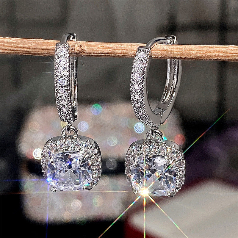 Women's Fashionable Bright Square Diamond Zircon Affordable Earrings