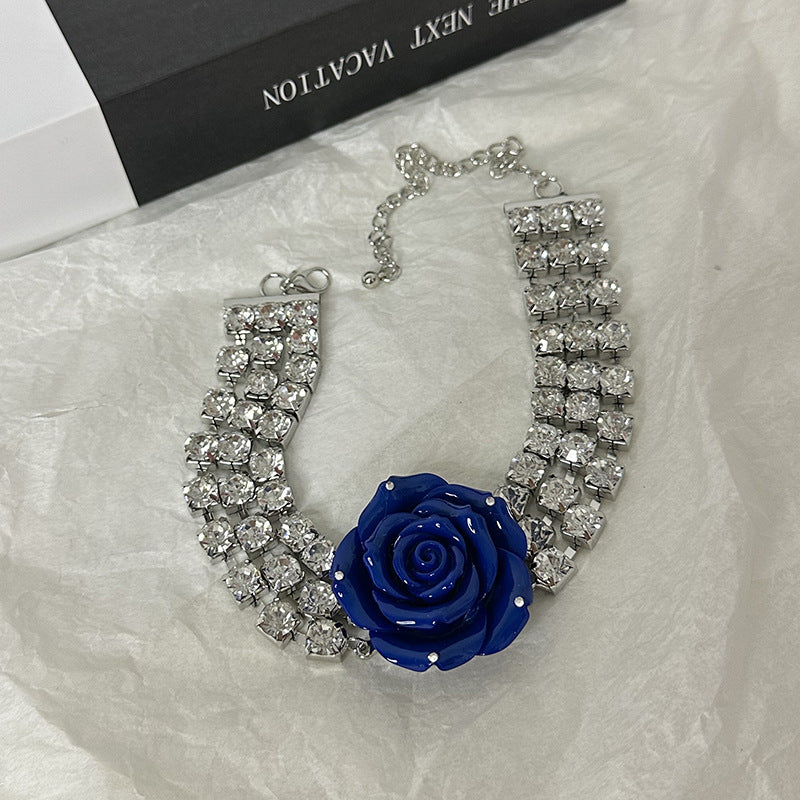 Color Three-dimensional Large Rose Catwalk Temperament Rhinestone Necklaces