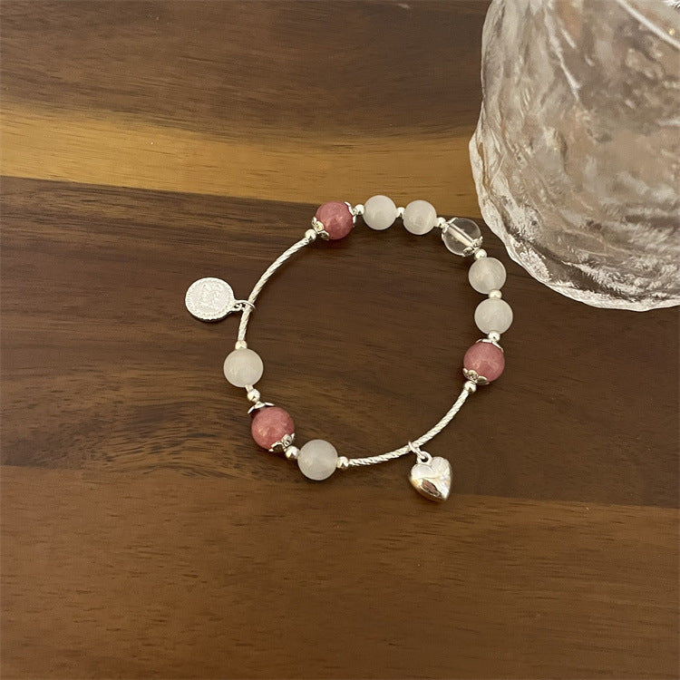 Women's Natural Strawberry Quartz Fresh Sweet Loving Heart Pink Crystal Bracelets