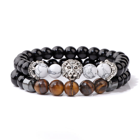 Men's Natural Stone Beads Retro Business Bright Black Lion's Bracelet