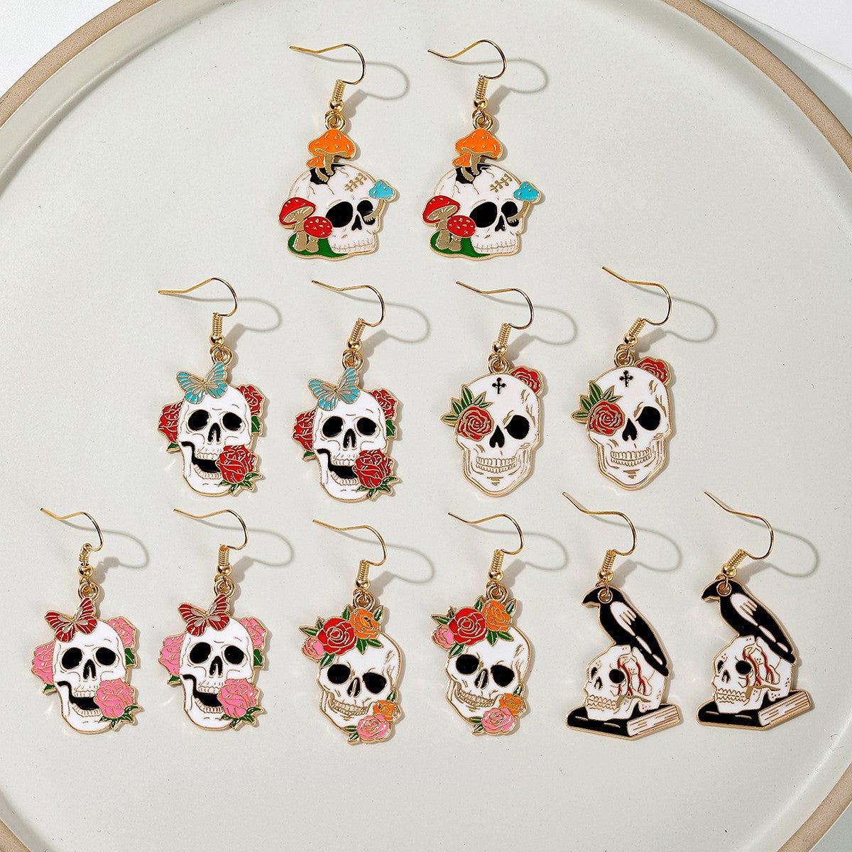 Boucles d'oreilles corbeau, dessin animé, champignon, papillon, crâne d'Halloween