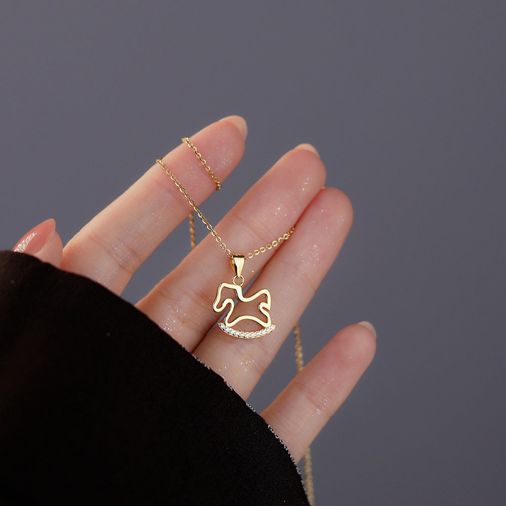 Children's Rhinestone Small Wooden Horse Female Temperamental Minority Design Style Stylish Necklace