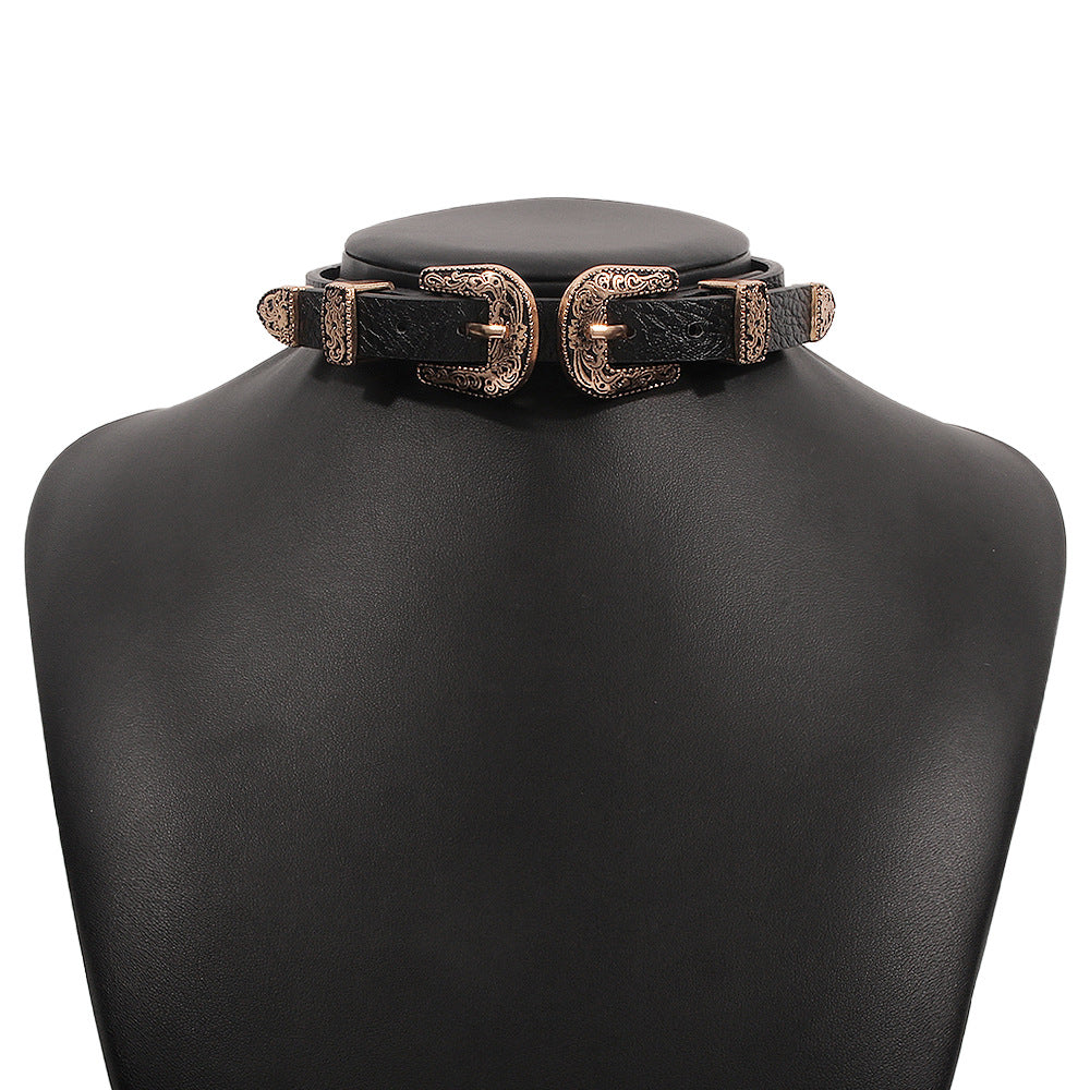 Street Shot Exaggerated Personality Leather Metal Necklaces