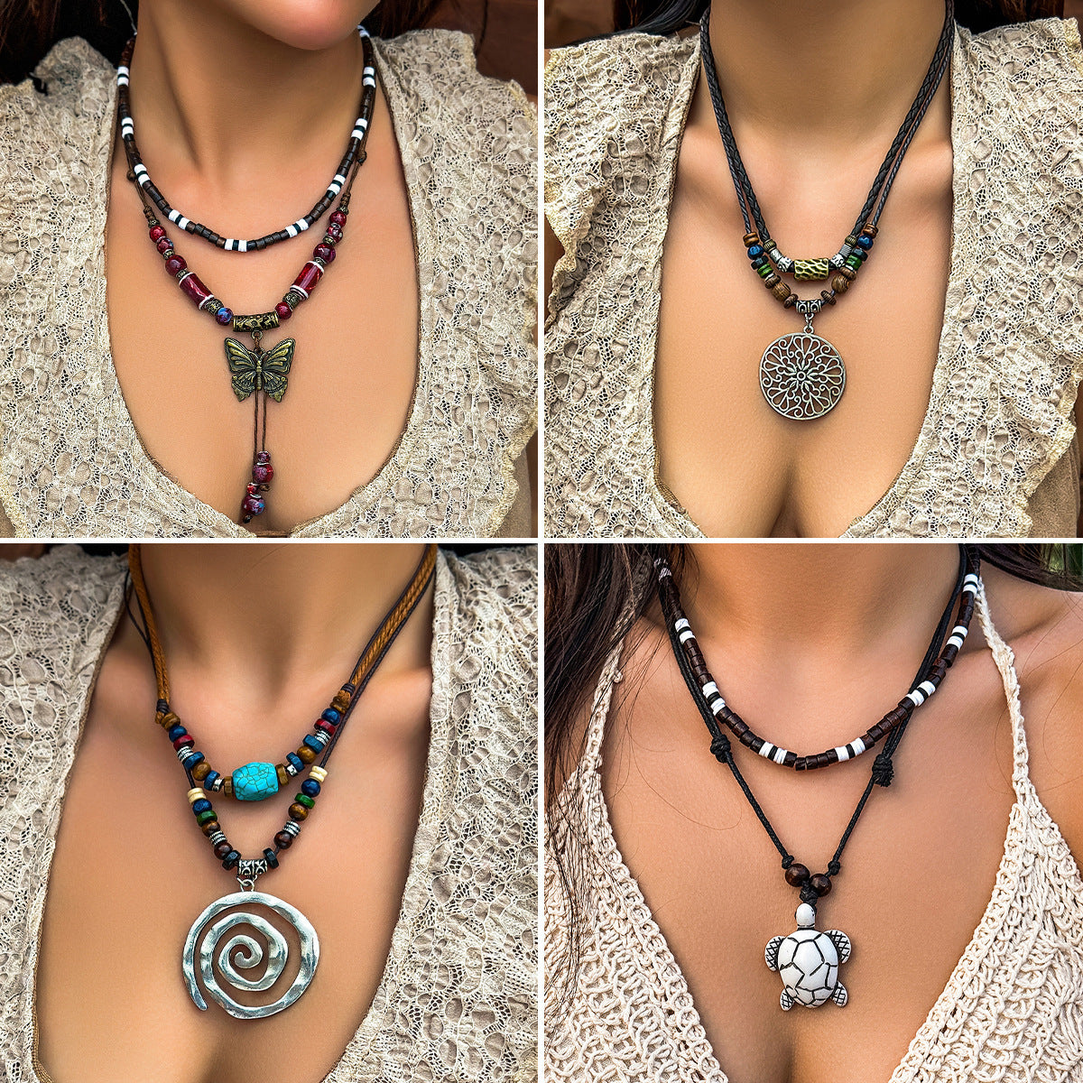 Women's Chinese Style Butterfly Wooden Bead Retro Tophus Necklaces