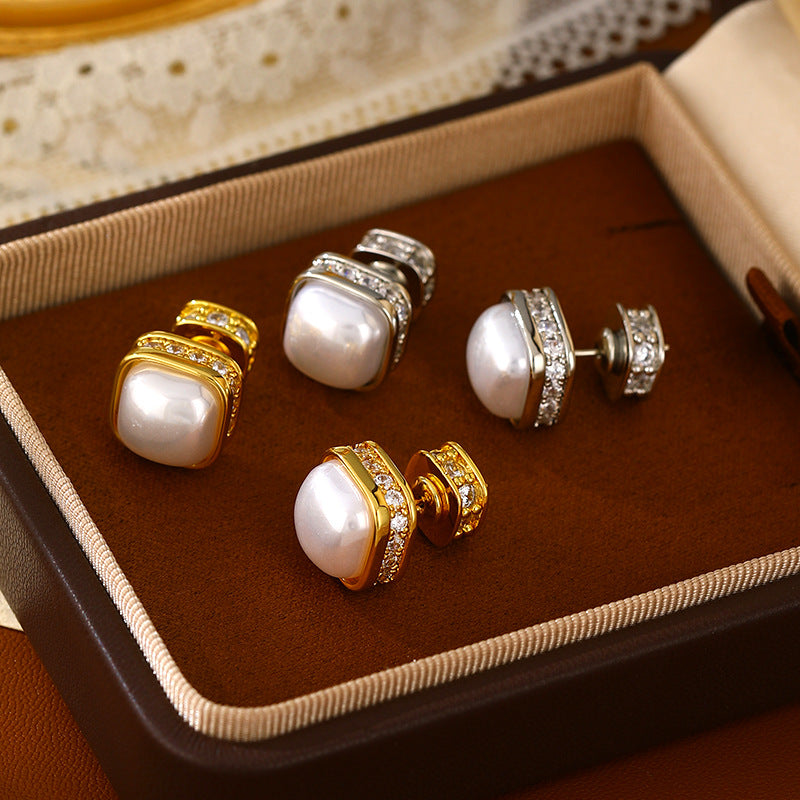 Electroplated Zircon Cube Sugar Pearl Light Luxury High-grade Temperament Versatile Earrings