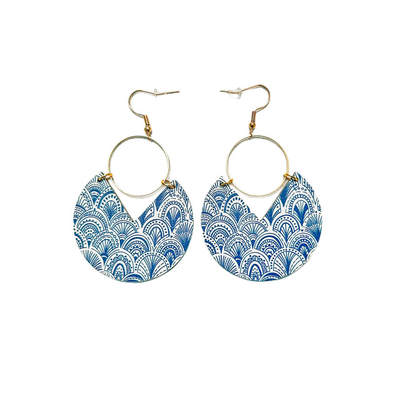 Simple Fashion Blue Dyed Printed Bohemian Geometric Stripes Stitching Earrings