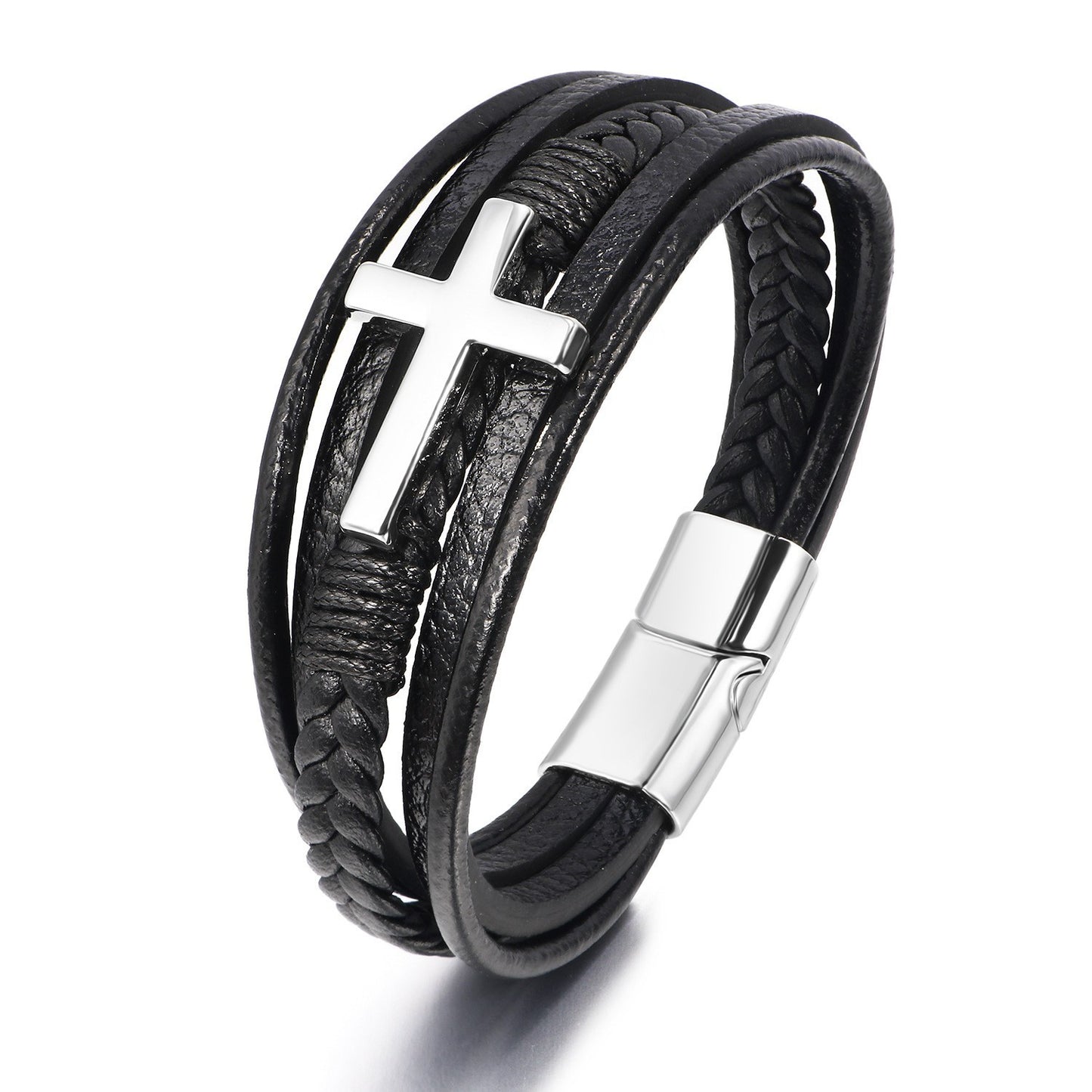 Men's Cross Leather Handmade Braided Rope Magnetic Bracelets