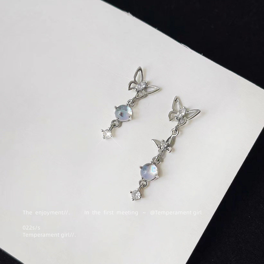 Inlaid Zircon Sier Needle Asymmetric Design Earrings