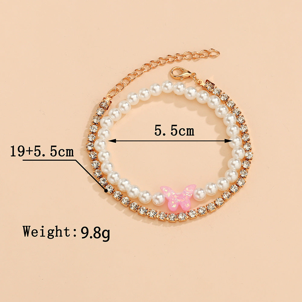 Women's Fashion Diamond Butterfly Stringed Pearls Ornament Bracelets