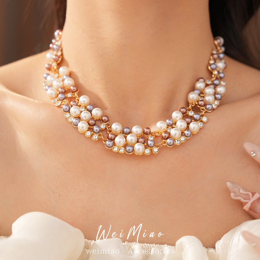Women's Middle Ancient Diamond Beaded Pearl Ear Light Luxury Minority Clavicle Necklaces