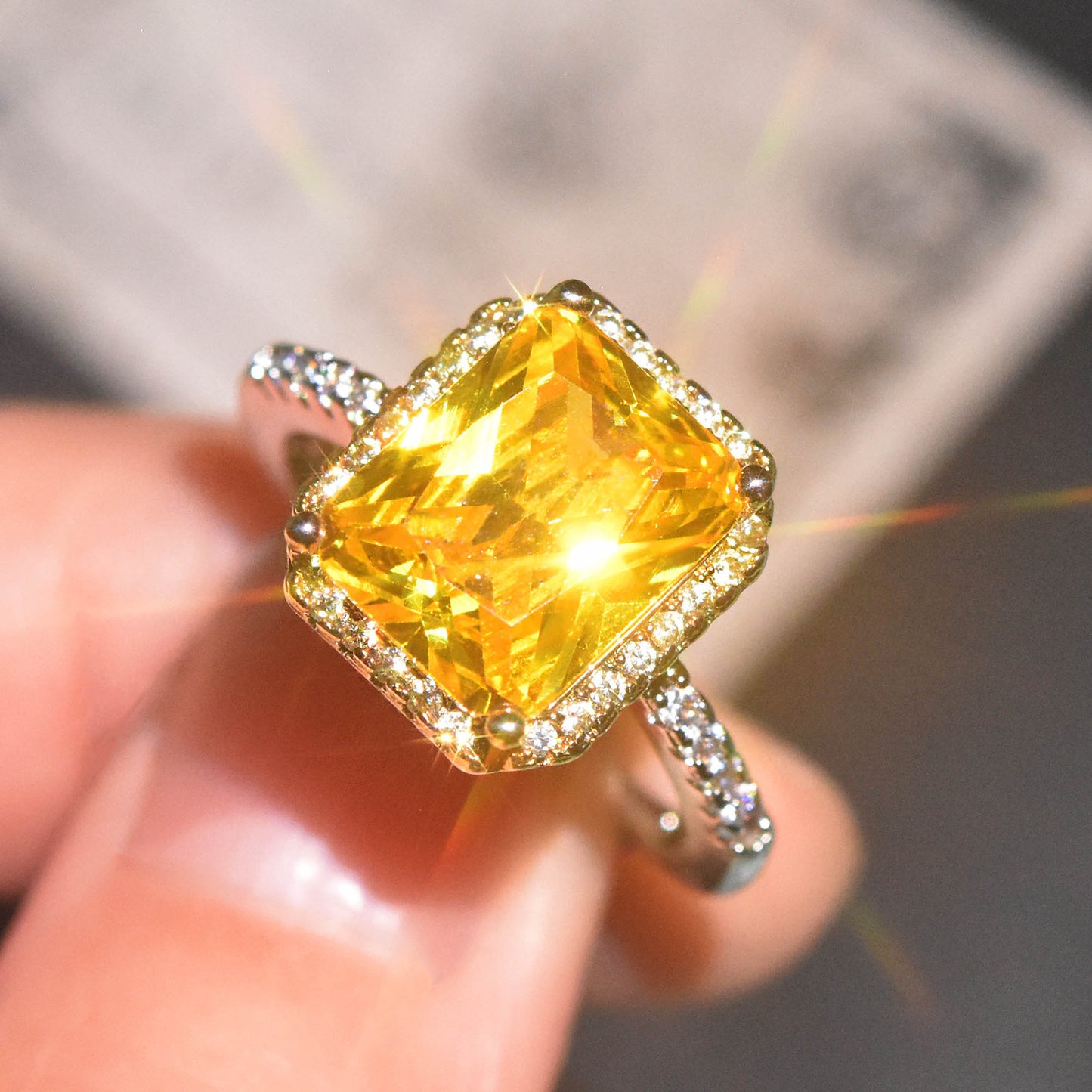 Bagues carrées princesse classiques bicolores en diamant jaune pour femmes