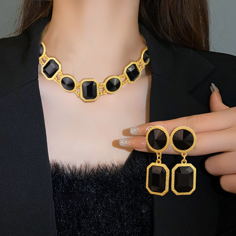 Black Agate Geometric Gem Retro Exaggerated Jewelry Set