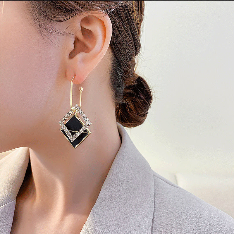 Sier Geometric Square Atmospheric Double Rectangle High-key Dignified Earrings