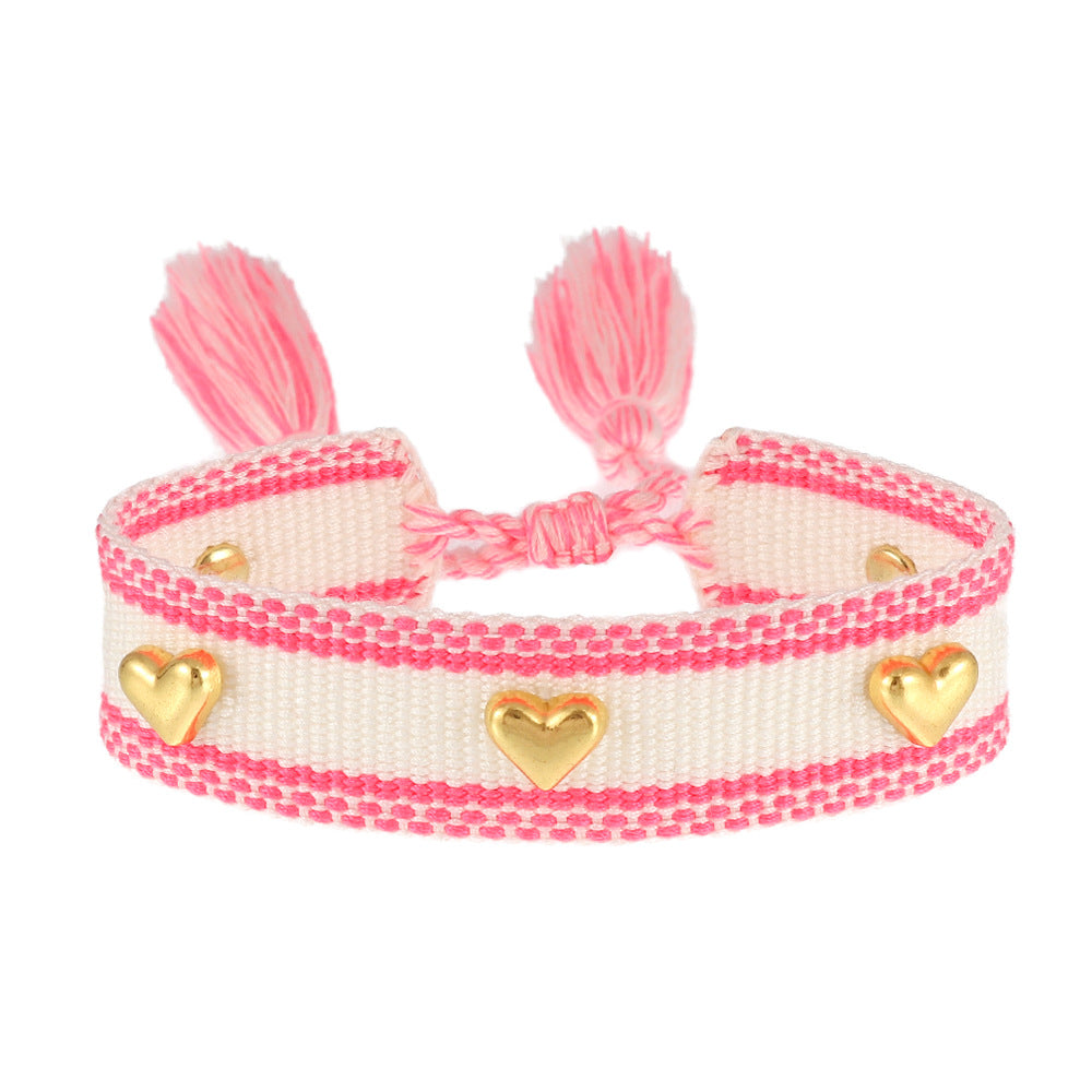 Couple Golden Heart-shaped Carrying Strap Hand-woven Tassel Bracelets