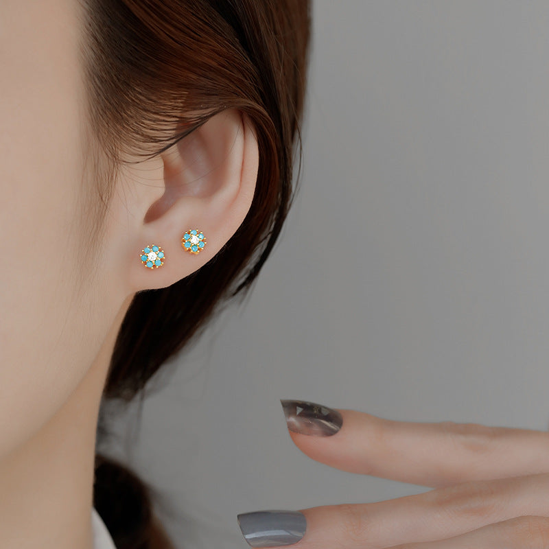 Women's Ear Inlaid Color Zircon Flower Screw Exquisite Small Rings
