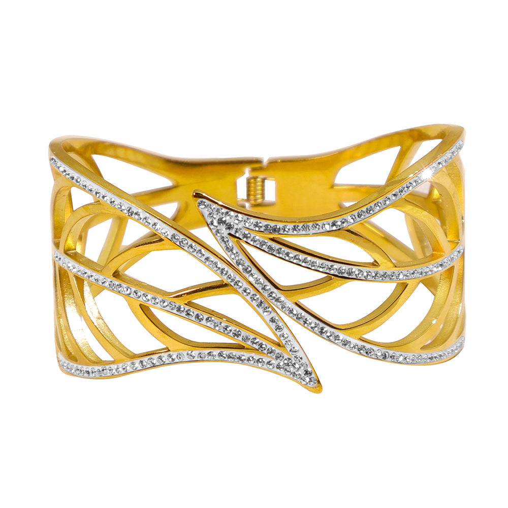 Women's Eye-catching Hollow Leaves Full Diamond Stainless Steel Open Personality Bracelets